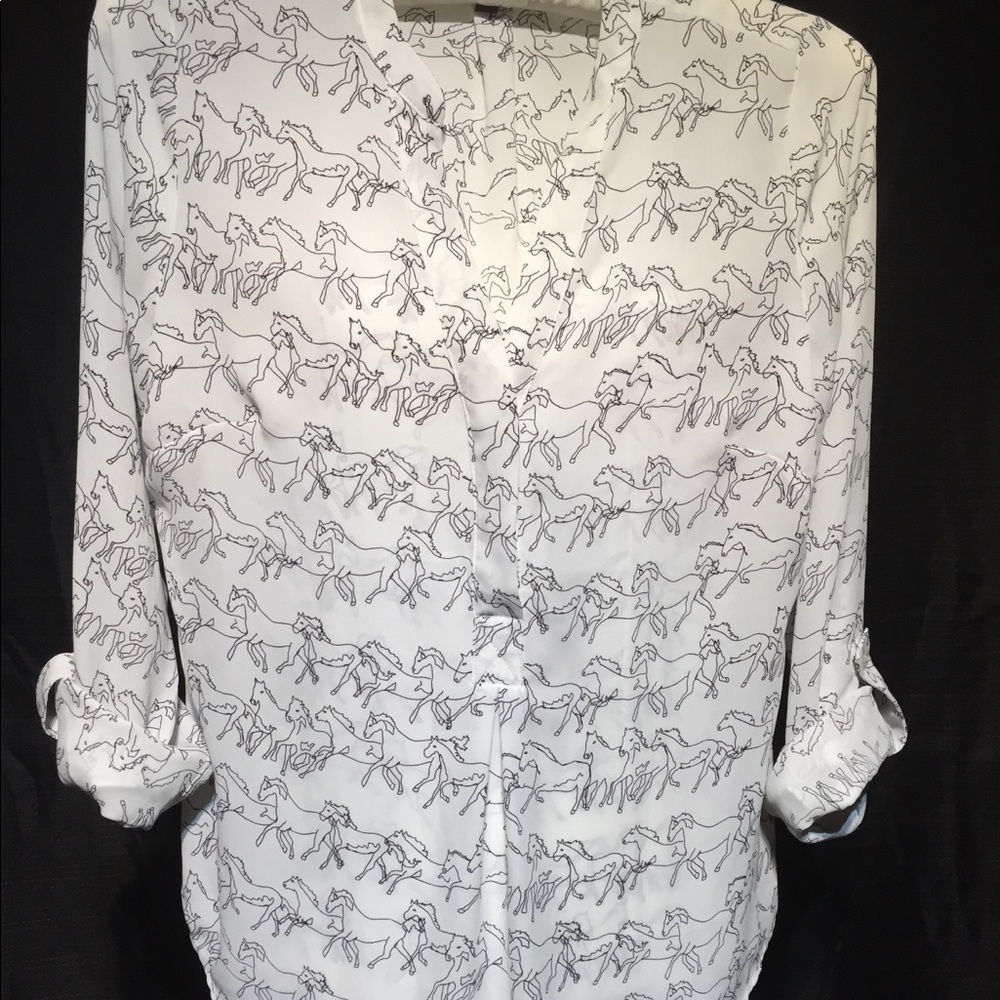 The Limited, white blouse, v neck, horses design
